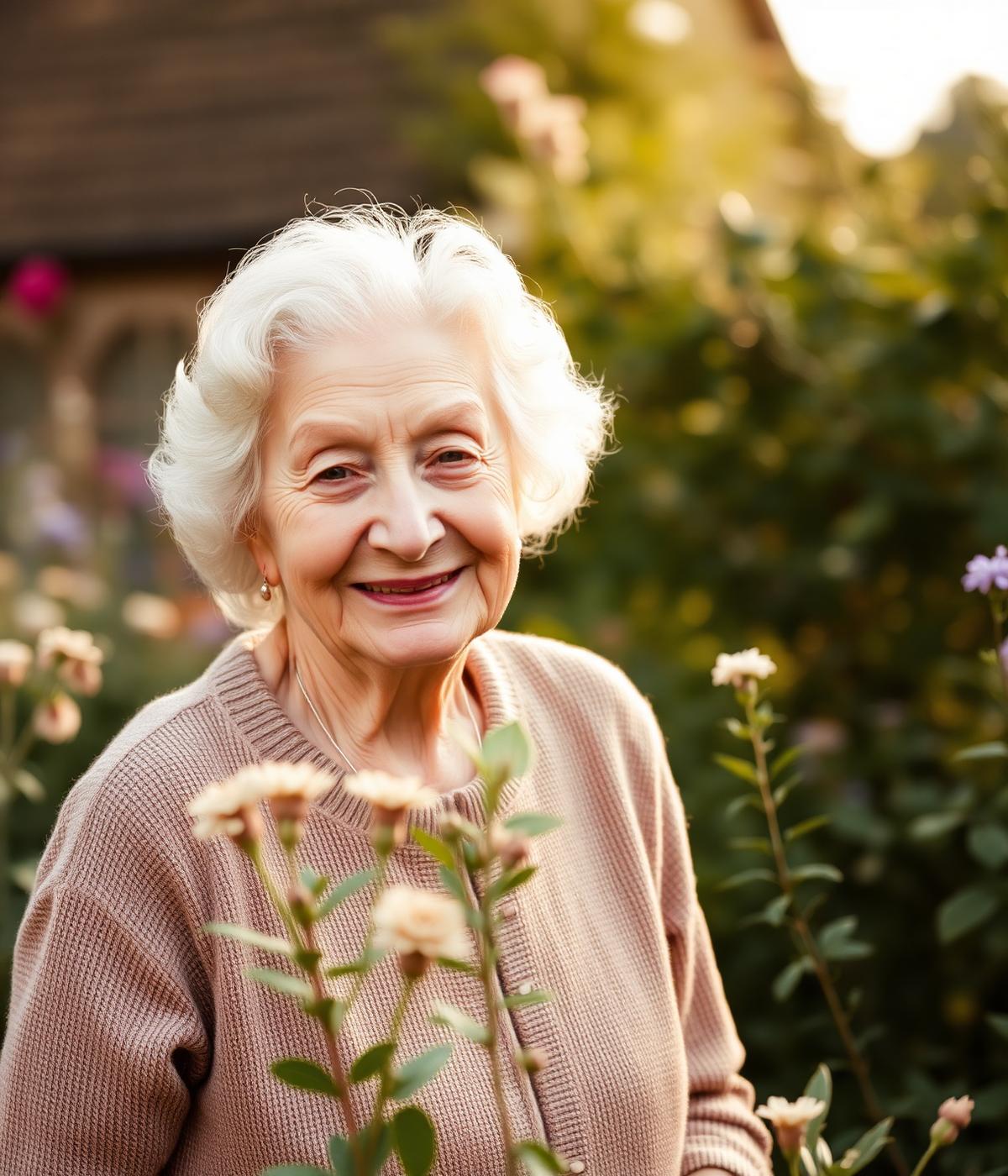An older lady smiling in her garden