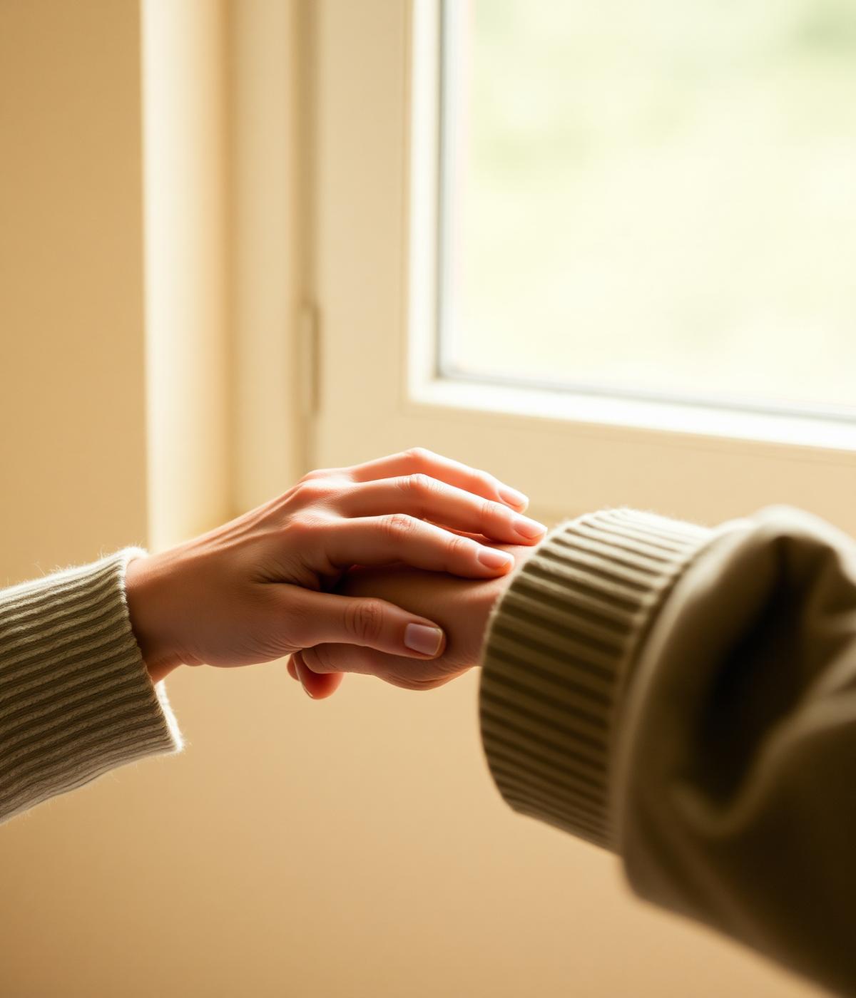 Gentle hands resting together by a window